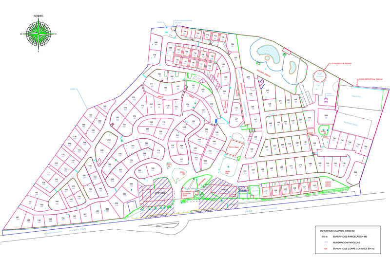 Mapa de parcelas. Pulse para ampliar. Parcelas de 120 a 250 metros cuadrados, con variadas orientaciones y formas. 